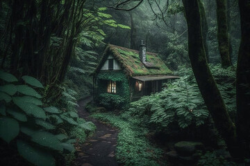 cottage hidden deep inside forest. Generative Ai