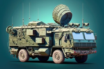 Wall Mural - Military truck with satellite dish. Identifying device for military intelligence. Radio intelligence gathering satellite. Signals intercepted. Detector equipped military vehicle. Radio signal detector