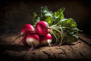 Wall Mural - Fresh red radishes in a bunch on a wooden board, magnified. Generative AI