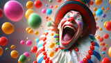 A fictional person, Joyful Clown Portrait with Candy Background - a colorful and whimsical wallpaper background featuring a portrait of a joyful clown with floating candies in the air