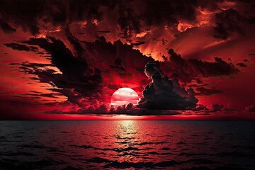 Poster - Sad sky, black clouds, and crimson light at sunset over the ocean. It serves as a nice backdrop. Generative AI