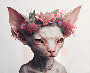 Wall Mural - Minimalistic portrait of cute sphynx cat with flower.