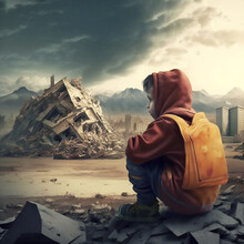 Kleiner, Einsamer Junge Sieht Die Trümmer Seines Hauses Nach Einem Großen Erdbeben, AI Generated