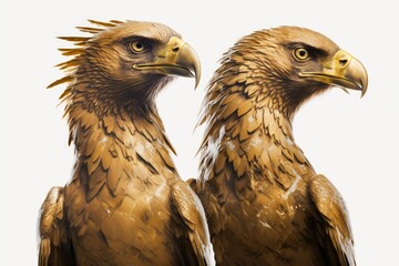 Poster - there is a close up of the heads and shoulders of two golden eagles; one is tilted slightly toward t