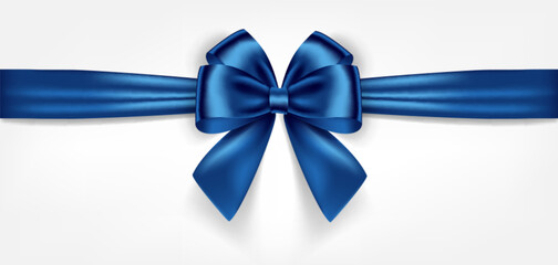 Wall Mural - Satin decorative blue bow with horizontal ribbon isolated on white background. Vector blue bow and ribbon