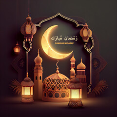 Wall Mural - 3d modern Islamic holiday banner, suitable for Ramadan, Raya Hari, Eid al Adha and Mawlid. A lit up lantern and crescent moon decor on serene evening background. Generating Ai.