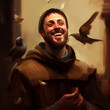 St Saint Francis of Assisi art painting illustration with birds. Generative Ai.