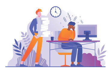 Poster - Burnout at work. Overworked employee at workplace, young guy with lot of white papers. Inefficient workflow. Tired from paperwork employee or manager in office. Cartoon flat vector illustration