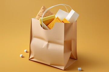 Poster - Grocery store brown paper bags lay flat in the shopping cart, ready to catch your food purchases. Yellow background, close up. Generative AI