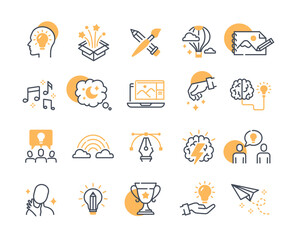 Poster - Creativity icons color set. Collection of graphic elements for website. Insight and idea, brainstorming. Teamwork and partnership. Cartoon flat vector illustrations isolated on white background
