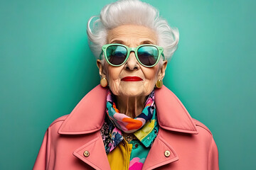 happy and funny cool old lady with fashionable clothes portrait on colored background - grandmother 