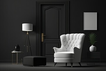Wall Mural - Mockup of a classic living room set against a black backdrop with a grey recliner and other modern furnishings. Generative AI