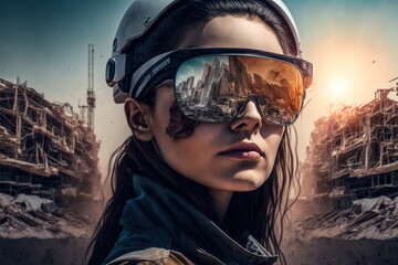 Wondrous portrait of a female engineer in sunglasses with cityscape and construction site reflection, set against a warm sunset background. Modern city living and infrastructure by Generative AI