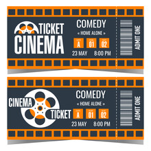 Cinema Ticket Design Template With Cinematographic Film And Film Reel On Background. Vector Ticket Or Talon To The Movie Session Access With Date And Time, Detachable Part With Barcode.