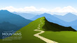 © i_mARTy - Mountain landscape. The path leading up to the top. A panoramic view of the mountains opens from the top of the rock. Warm summer sunny day. Vector illustration background.