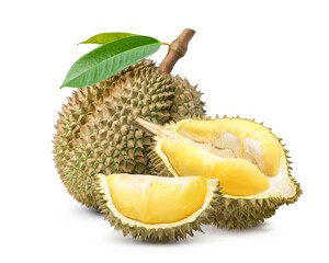 Durian fruit with cut in half isolated on white background. Clipping path.