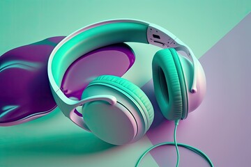 Poster - cool, contemporary, and trendy green cyan headphones isolated on a purple background. generative ai
