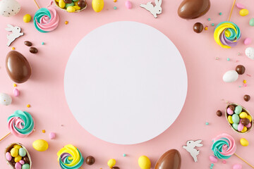 Wall Mural - Sweet Easter concept. Flat lay photo of white circle chocolate eggs dragees cute rabbits easter candy and sprinkles on isolated pastel pink background