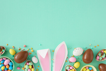 Wall Mural - Easter sweets concept. Top view photo of easter bunny ears chocolate eggs with dragees and sprinkles on turquoise background with empty space