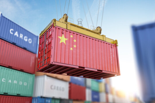 cargo shipping container with china flag in a port harbor. production, delivery, shipping and freigh