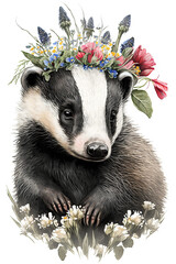 Wall Mural - Baby badger with a crown of flowers isolated on a white background watercolor, Generative AI