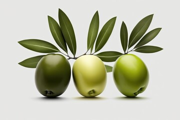 Poster - Green olives, three of them, with their leaves intact, against a white backdrop. Generative AI