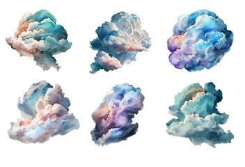Six different clouds with dramatic colors in watercolor on a transparent background, Generative AI