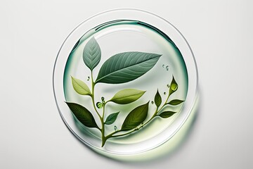 Wall Mural - Green tea extract in a decorative petri plate on a white laboratory backdrop. Generative AI