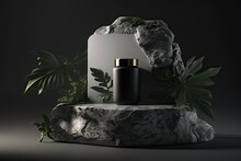 Exhibit Atop A Stone Podium In The Backdrop. Plant Life And Its Shadow On A Natural Rock Pedestal Against A Leafy Green Background. A Plant Adorned Display For Cosmetics Or Other Personal Care Product