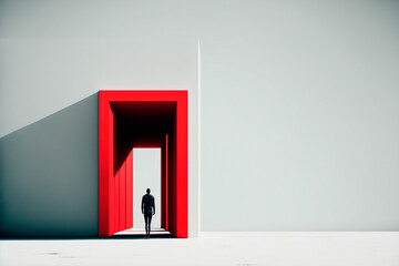 Person walking through red door. Minimalistic business opportunity concept. Generative ai illustration