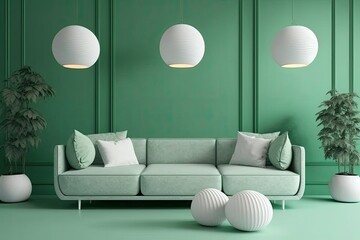 Wall Mural - Blank green wall in a trendy, pastel colored room with plush sofas, a plant, and lamps. Generative AI