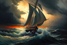 Small Sailboat In A Stormy Sea. AI Generated