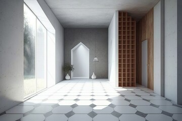 Poster - The room is a contemporary loft, and it is now empty save for the open door leading to the garden. The floors and ceilings of the rooms are made of concrete tiles and wooden planks. Generative AI