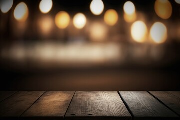 Wall Mural - Empty brown wooden table with a blurred background of restaurant lights, perfect for use as a backdrop for your next photo shoot or advertising campaign. Generative AI