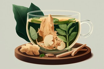 Wall Mural - Ginger rhizome (root) slices and a mint leaf in a glass teacup of steaming ginger tea, with no other objects in the scene. Generative AI