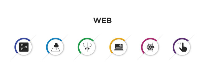 Poster - web filled icons with infographic template. glyph icons such as sliders, land, darkness, looking for students, cobweb and spider, tab vector.
