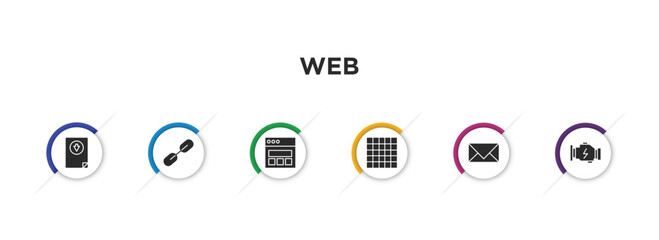 Poster - web filled icons with infographic template. glyph icons such as downloading file, interlinked web, web page variant, grid on, close envelope, engine vector.