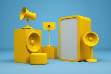 Poster - on a yellow background are blue stereo speakers and a podium. concept with a minimum of elements. au