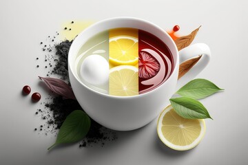 Poster - Artistic arrangement of mint tea, lemon, and ginger in a white cup. This is a great perspective. Generative AI