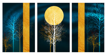 3d Wall Poster Art Wallpaper, Night Landscape With Dark Golden Moon, Trees, Lines In Dark Blue Black Background	
