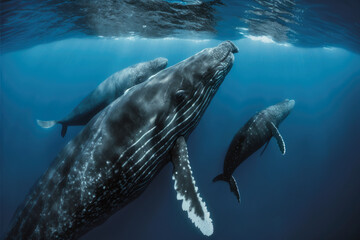 A family of humpback whales swimming in the ocean. Marine Wildlife in their Natural Habitat.