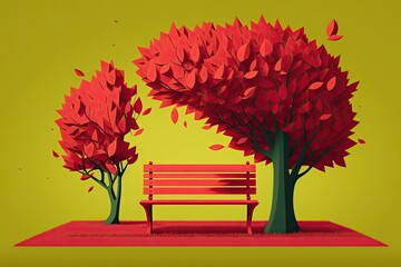 Sticker - A red, solitary bench sits in a park adorned with falling leaves and simple, cartoonish red trees and bushes. Brilliantly hued landscape. Visualization of an Idea Embrace the season's change with an a