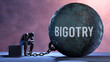Bigotry - a gigantic and unmovable weight chained to a vulnerable and suffering person in pain, misery and helplessness. Cold and tragic condition created by Bigotry ,3d illustration