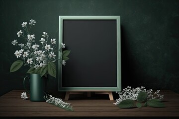 Canvas Print - green floral backdrop with a wooden table. for the purpose of advertising and promoting goods. Generative AI