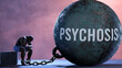 Psychosis - a gigantic and unmovable weight chained to a vulnerable and suffering person in pain, misery and helplessness. Cold and tragic condition created by Psychosis ,3d illustration
