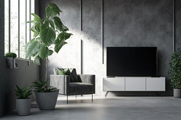 Poster - A TV set mounted on a concrete wall cabinet in a contemporary living room furnished with a sofa, an armchair, and a plant. Generative AI