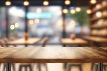 Blurred Background Of A Cafe Or Restaurant Features An Empty Wooden Table. Generative AI