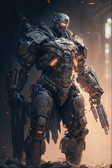 Canvas Print - a full body portrait of a robot soldier with a big weapon cyberpunk Generative AI