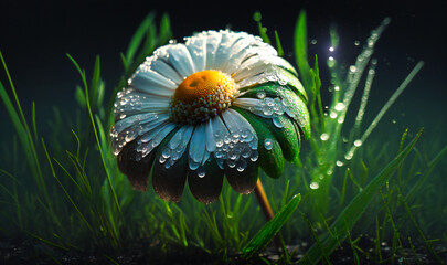 Wall Mural - A dew-covered daisy in a field of green grass