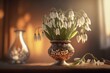 Snowdrops in a vase on the table. Still life. Spring light breaks through the window into the room. Snowdrop day holiday April 19 concept.
